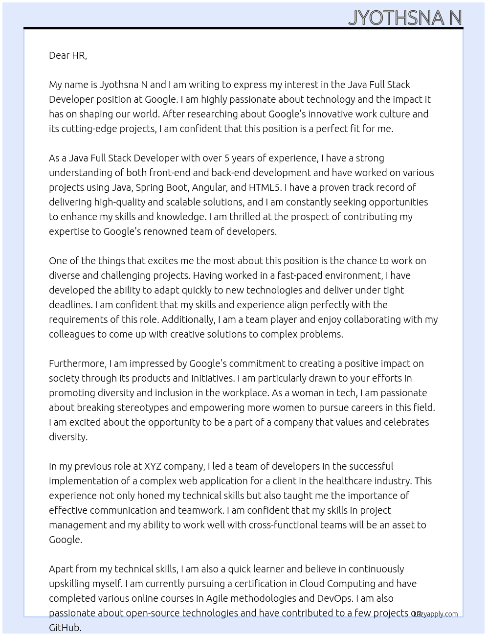 java full stack developer At google Cover Letter