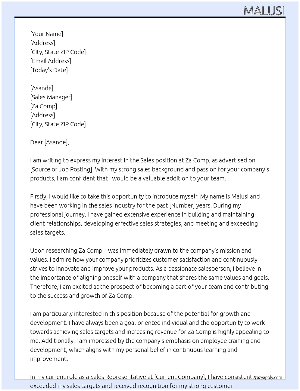 Sales At Za comp Cover Letter