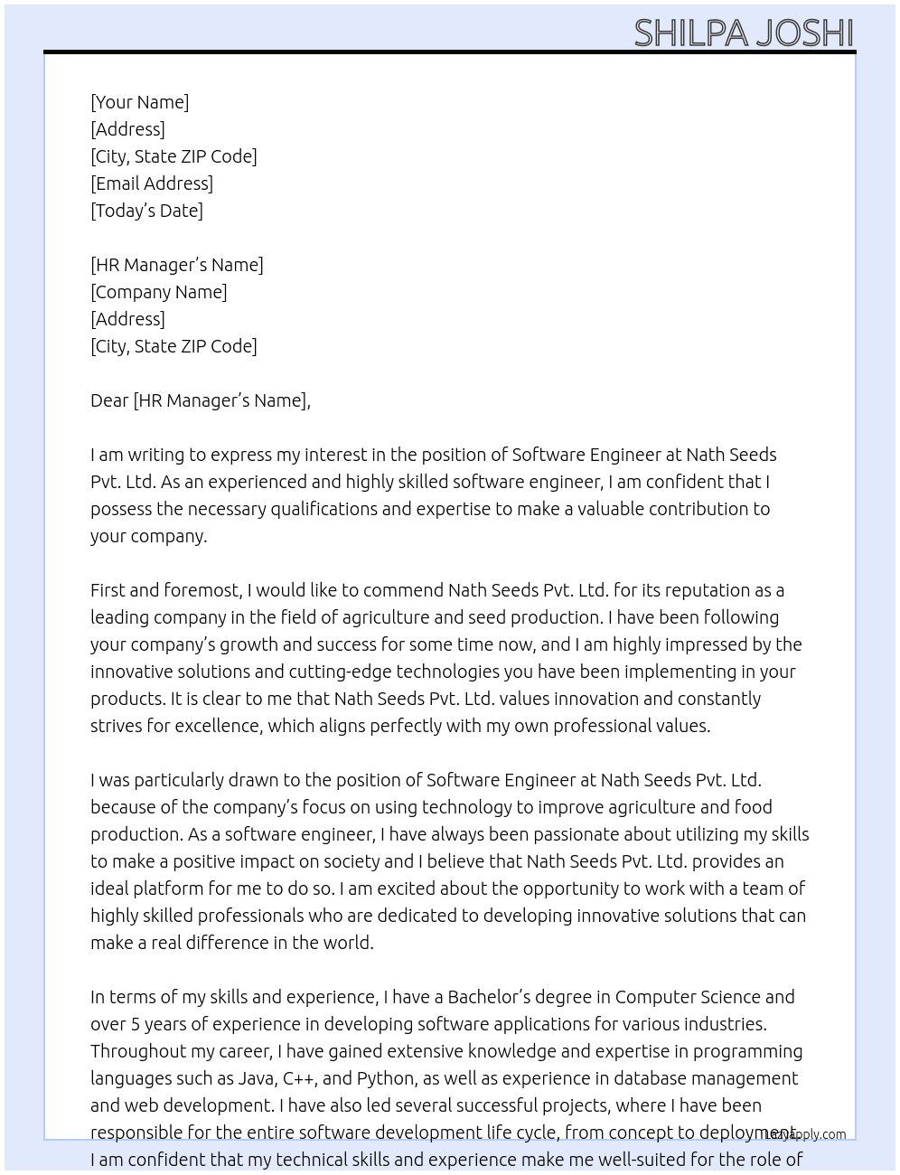 software engineer At Nath Seeds Pvt.Ltd. Cover Letter