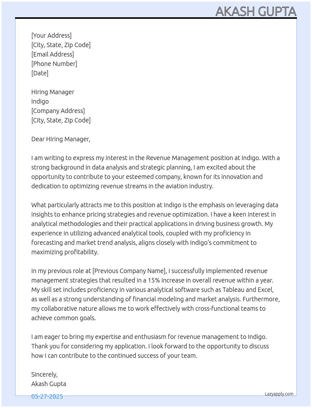 Cover letter for revenue managment - LazyApply