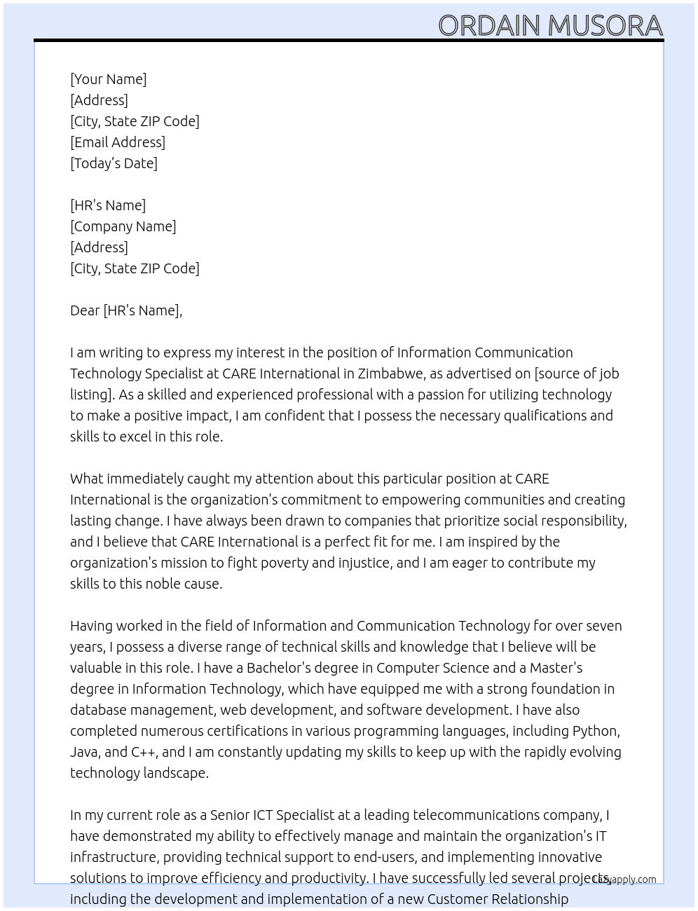 Cover letter for information communication technology specialist - LazyApply