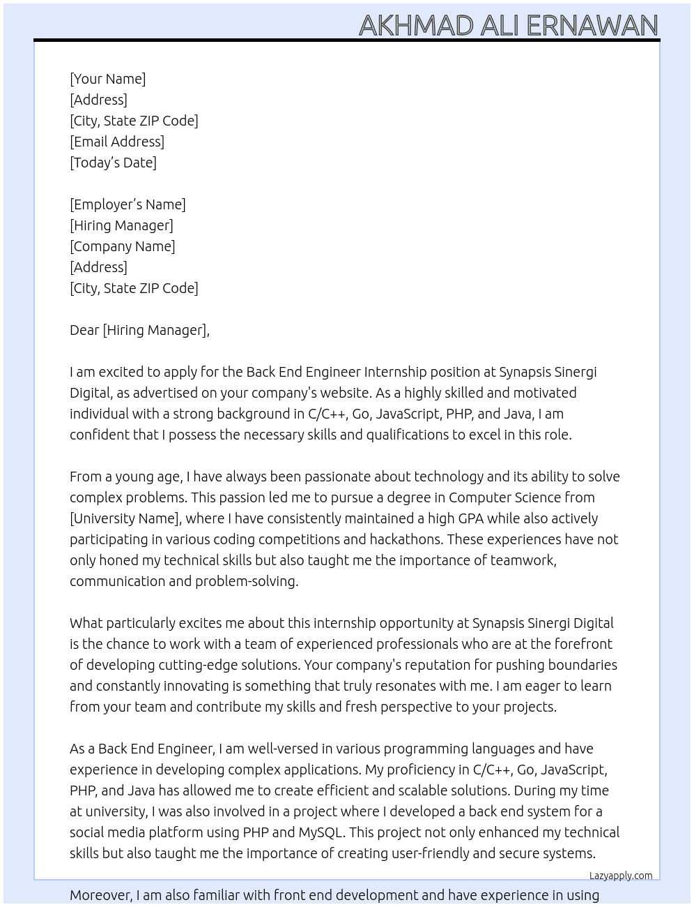 Back End Engineer Internship At Synapsis Sinergi Digital Cover Letter