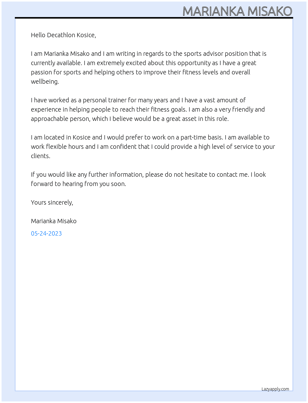 Sports advisor  At Decathlon Kosice Cover Letter