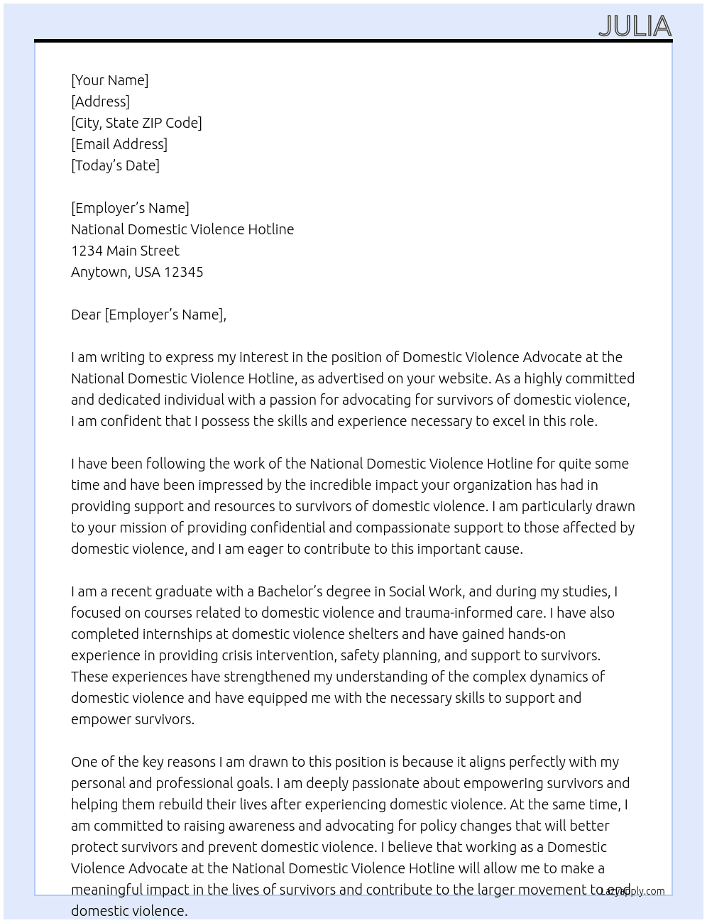 domestic violence advocate At national domestic violence hotline Cover Letter