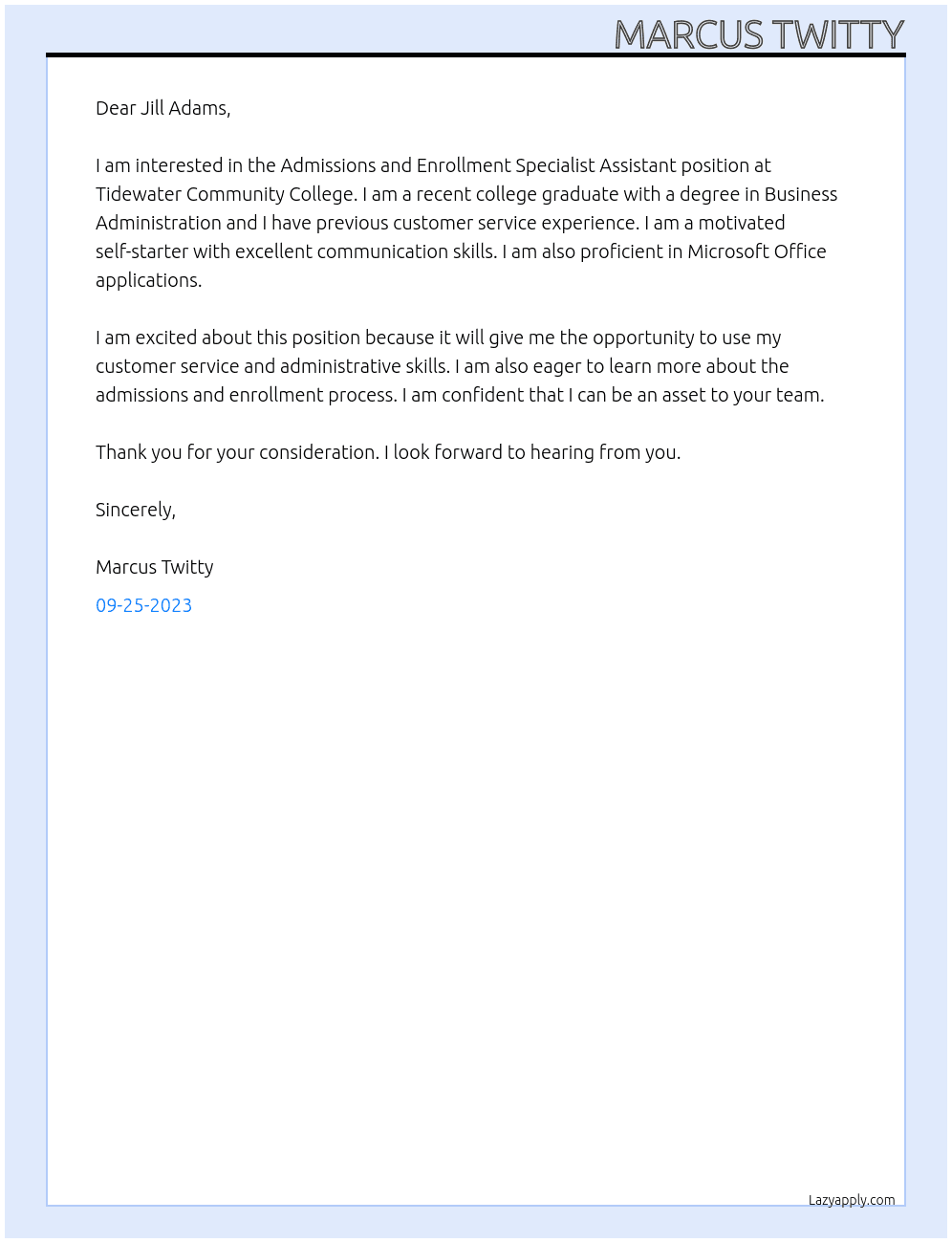 Admissions and Enrollment Specialist Assistant At Tidewater Community College Cover Letter
