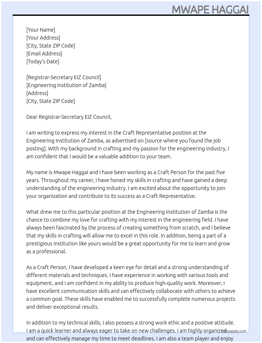 Craft representative At engineering instutition of zamba Cover Letter