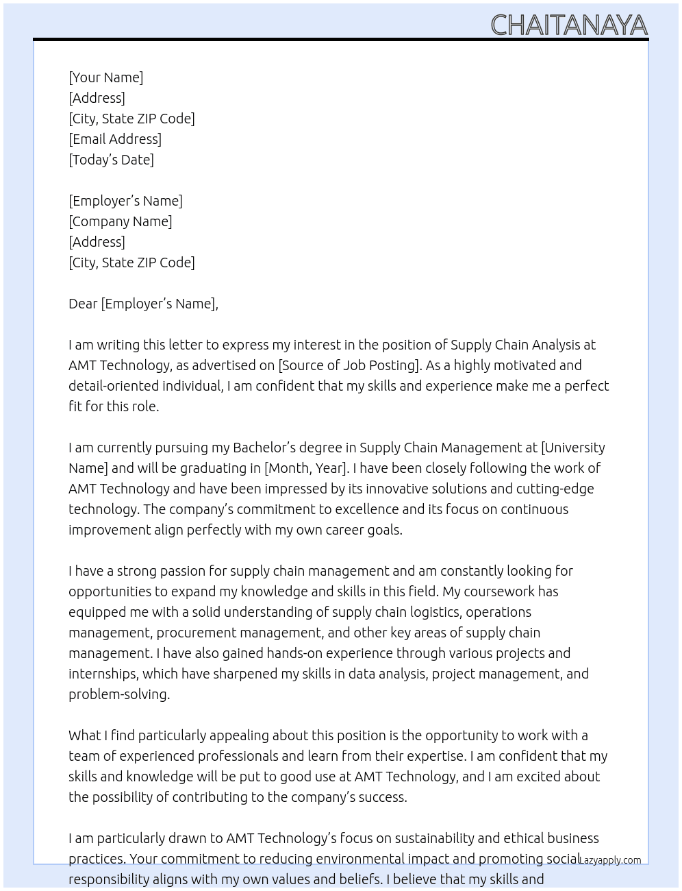 Supply chain analysis  At AMT Technology  Cover Letter