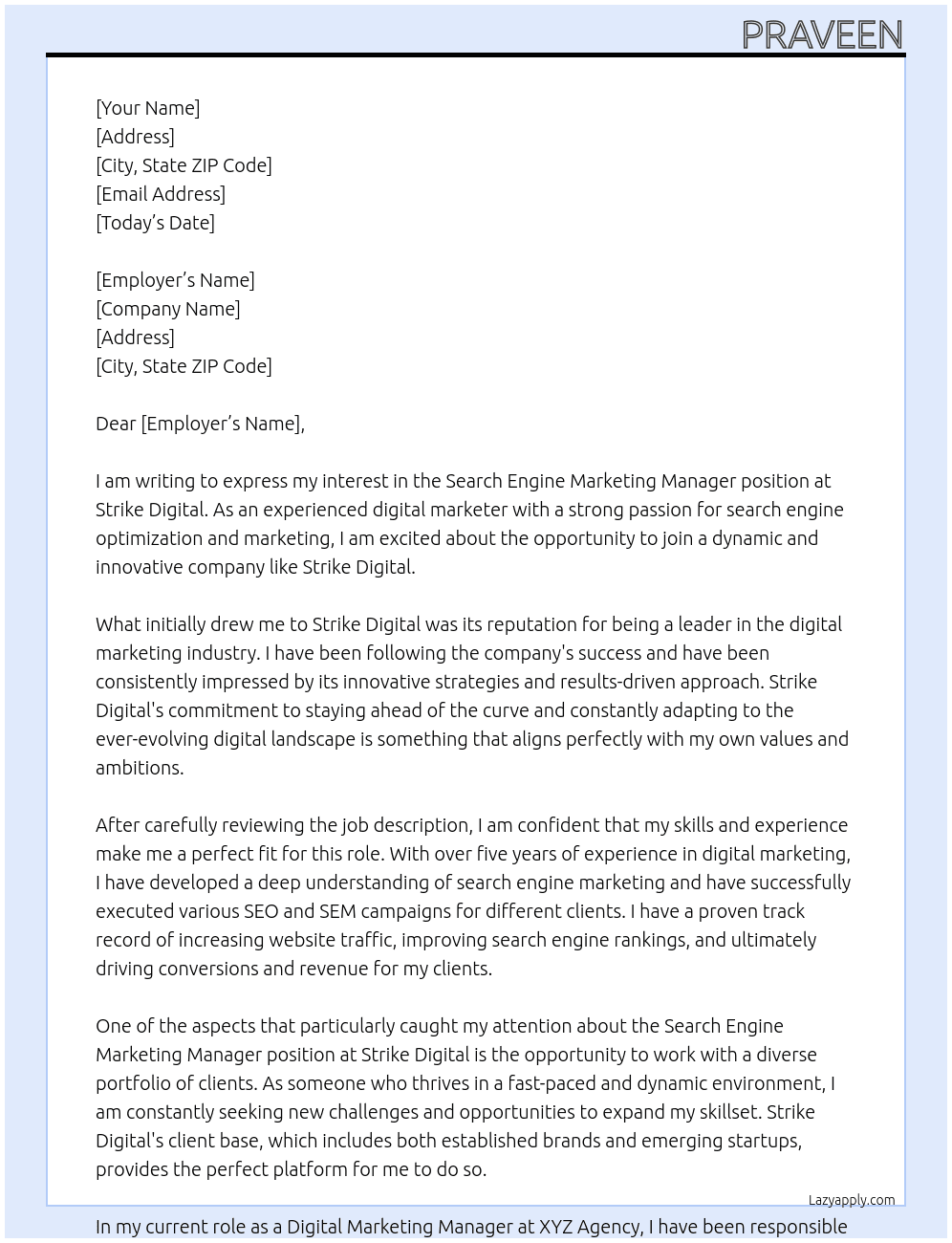 Search Engine Marketing Manager At Strike Digital Cover Letter