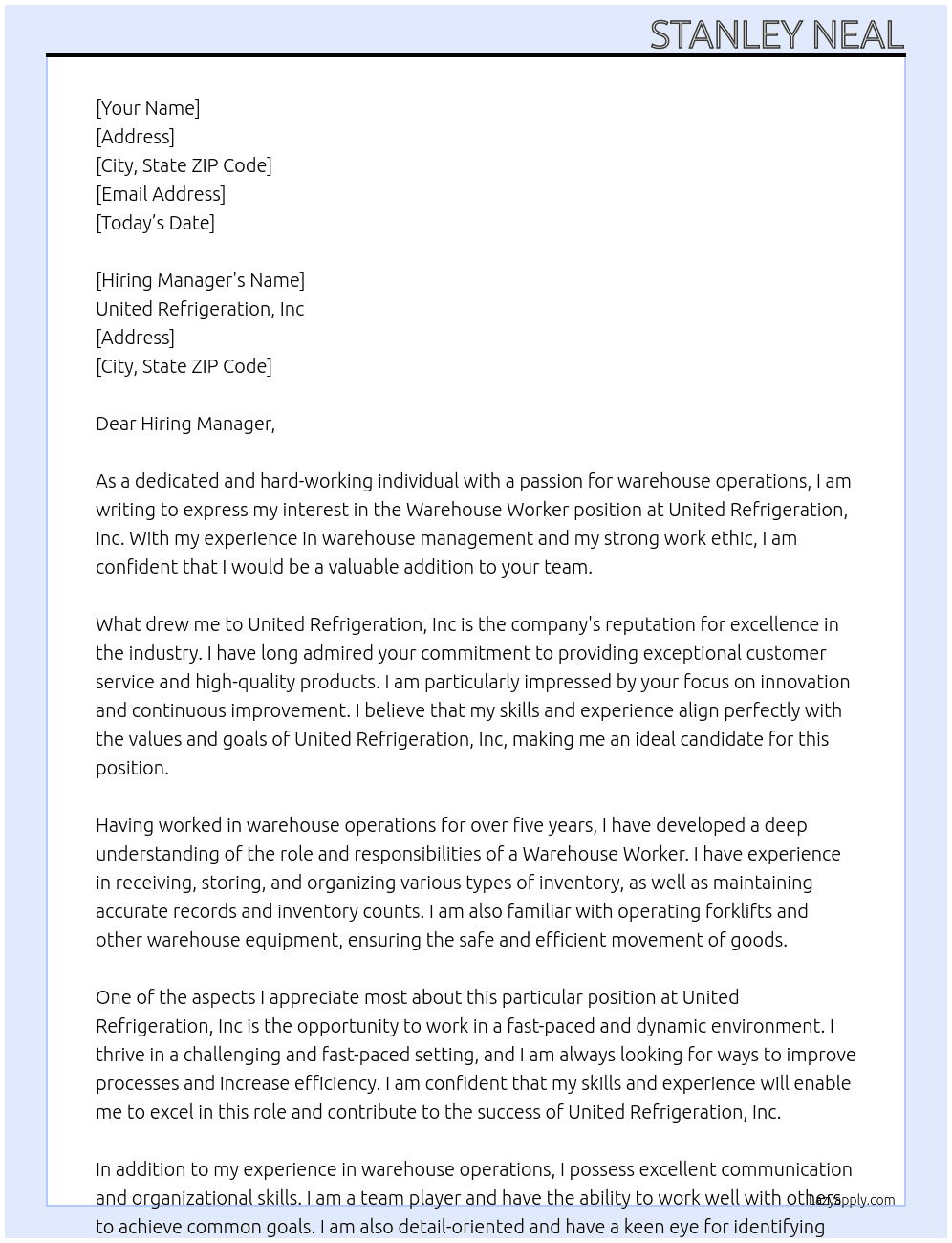 Warehouse Worker At United Refrigeration, Inc Cover Letter