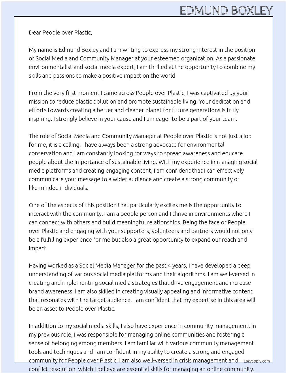 Social Media and Community Manager At People over Plastic Cover Letter