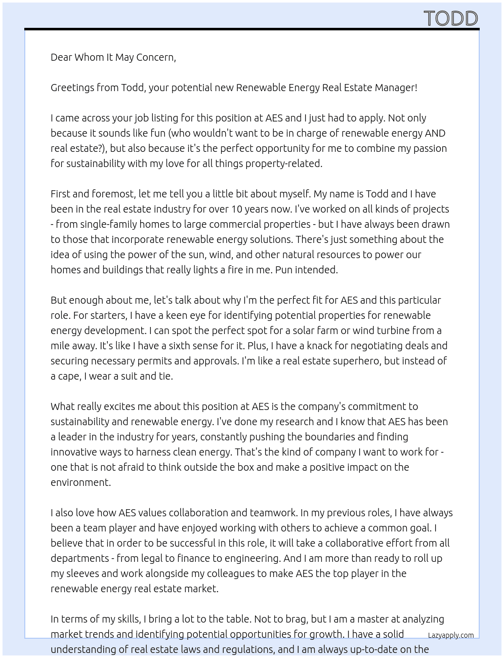 Renewable Energy Real Estate Manager At AES Cover Letter
