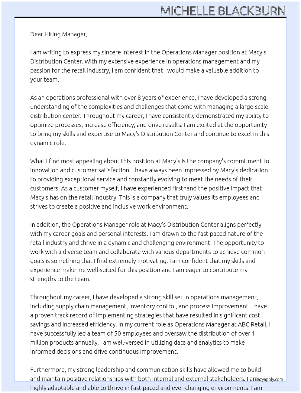 Operations Manager At Macys distribution center Cover Letter