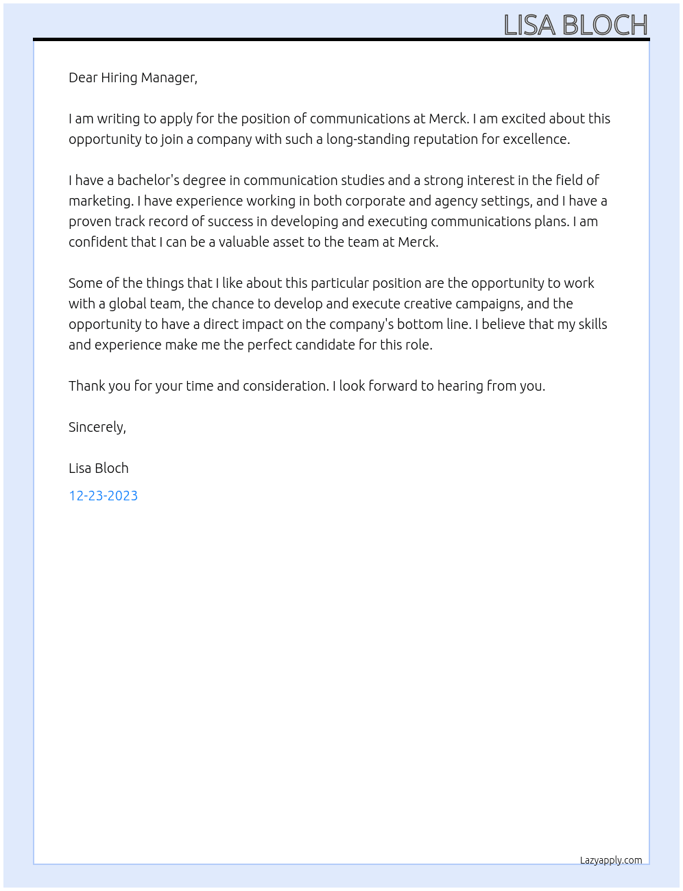 communications At merck Cover Letter