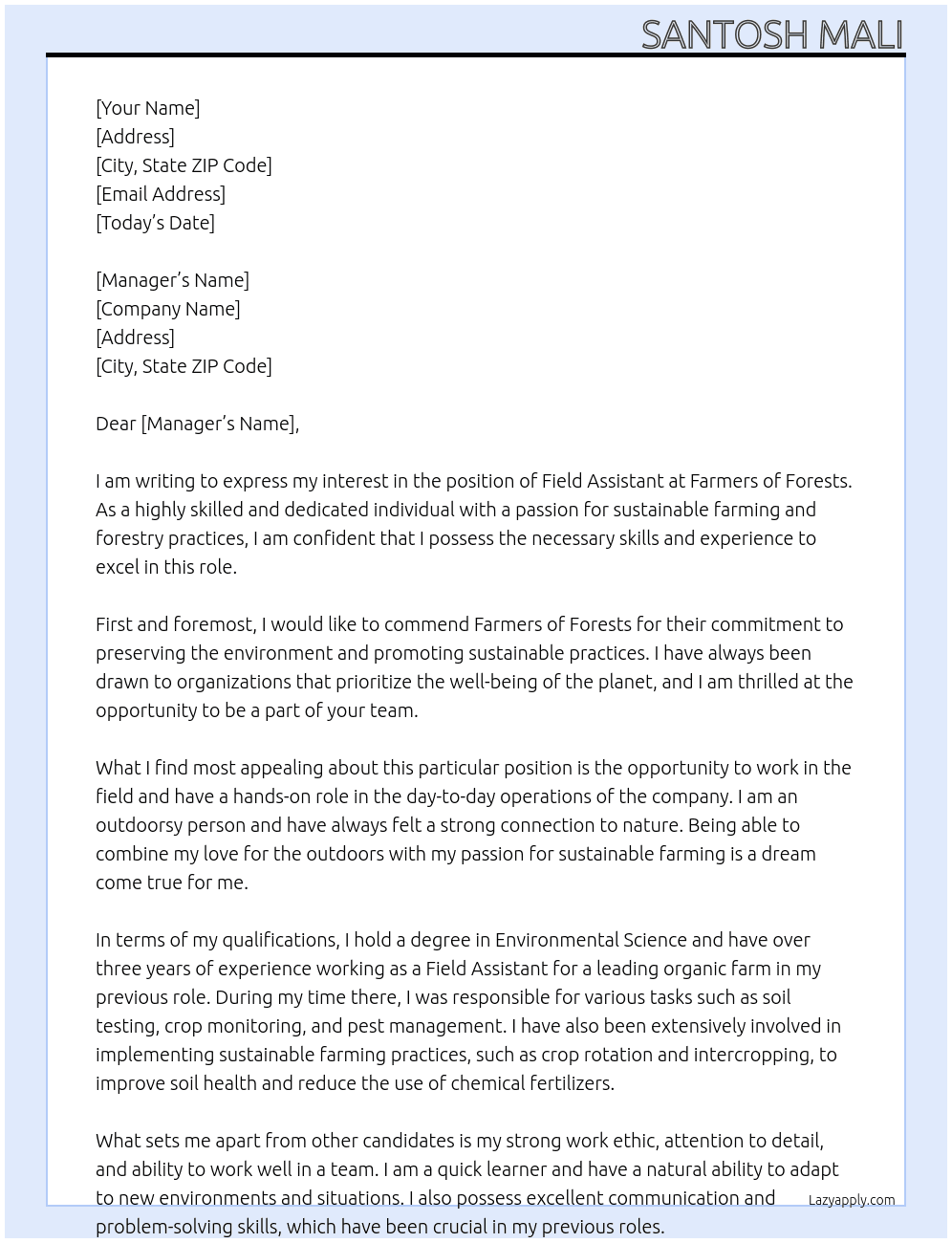 field assistant At farmers of forests Cover Letter