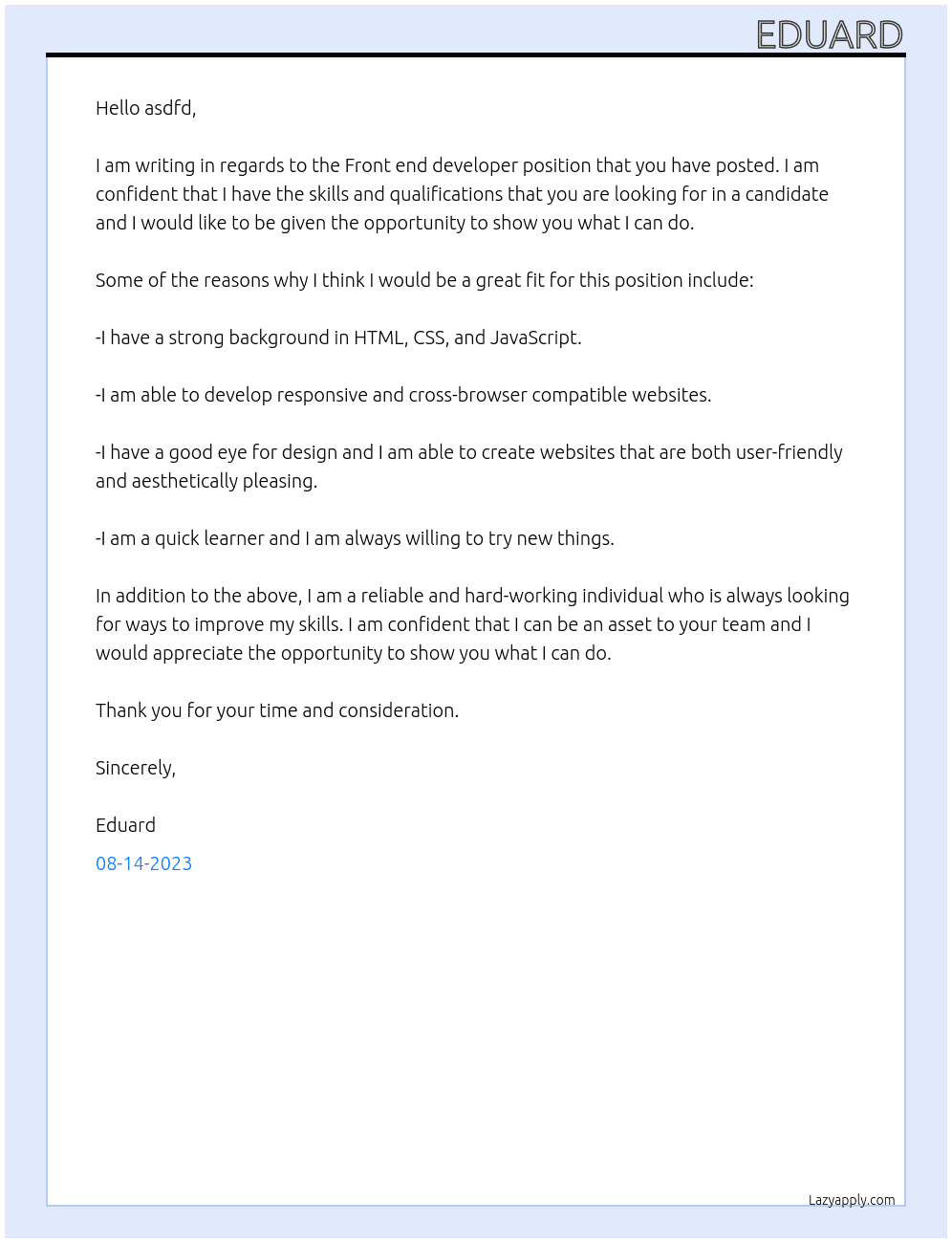 Front end developer At asdfd Cover Letter