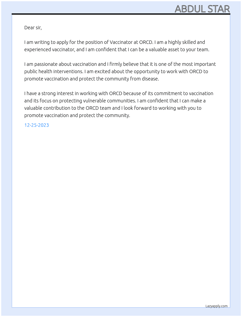 Vaccinator At ORCD Cover Letter