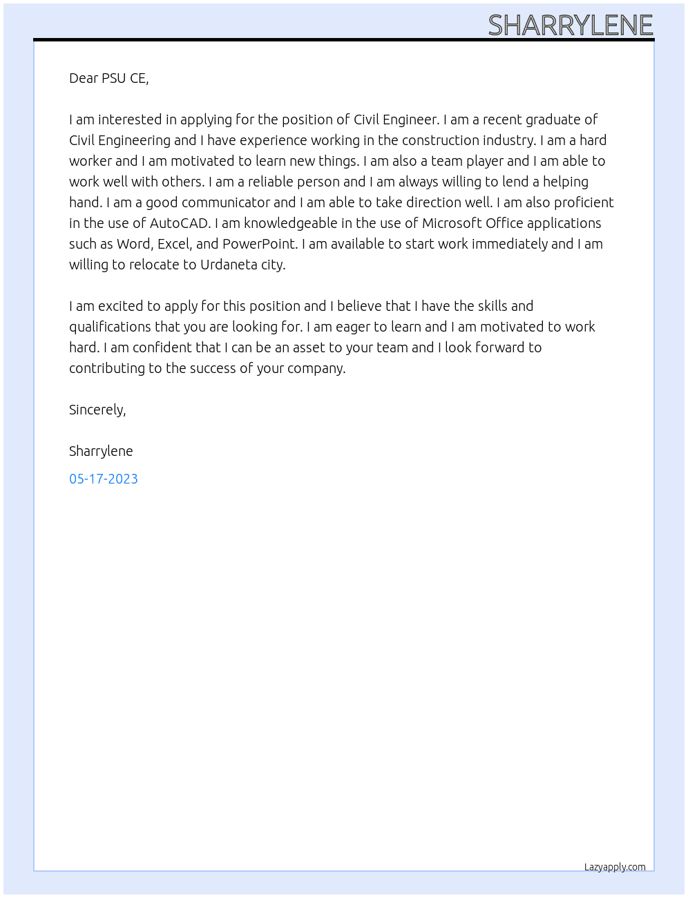 Civil Engineer  At  PSU CE Cover Letter