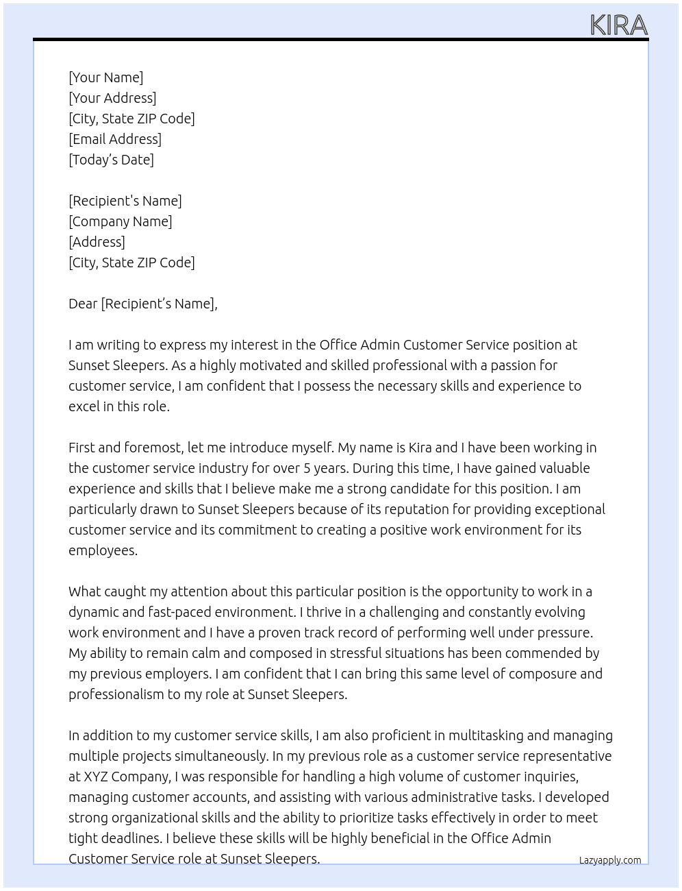 Office admin customer service  At Sunset sleepers  Cover Letter