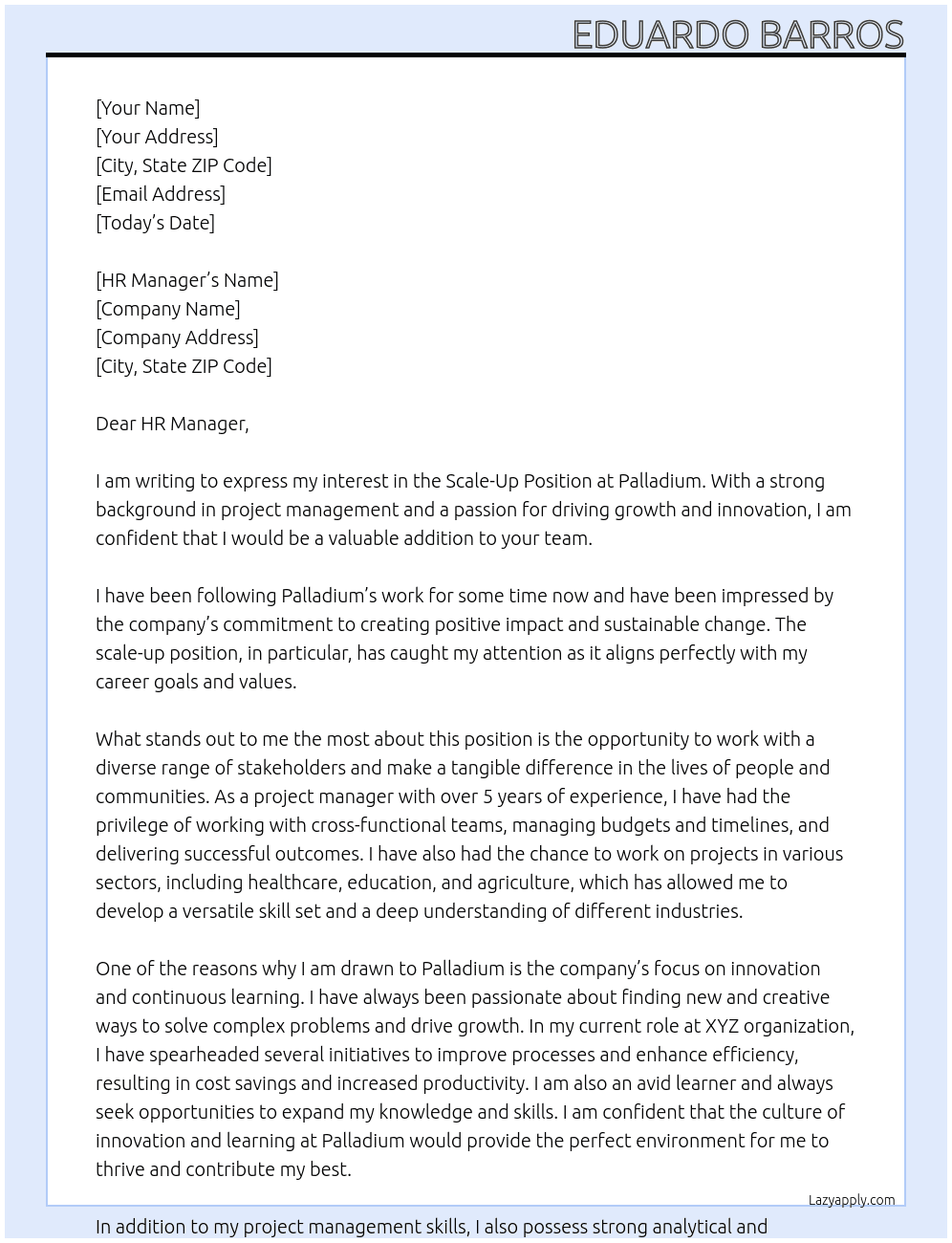 Scale-Up Position At PAlladium Cover Letter