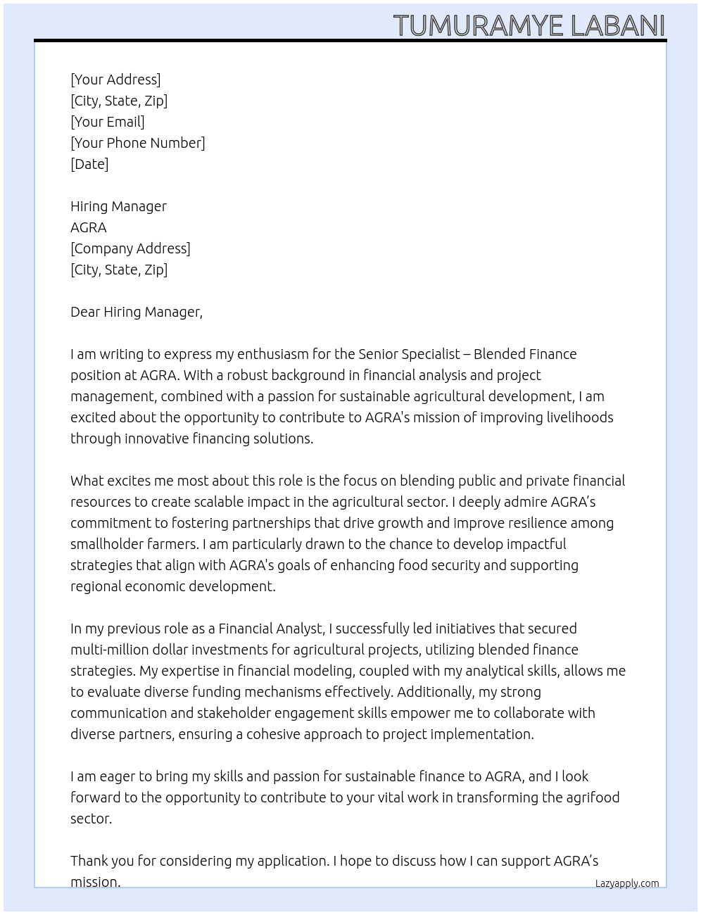 Senior Specialist – Blended Finance At AGRA Cover Letter