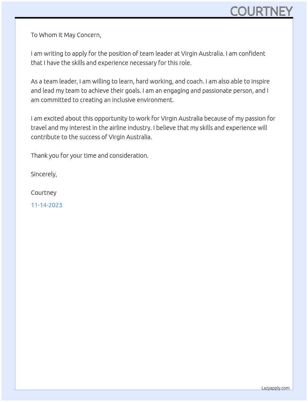 team leader  At Virgin australia Cover Letter