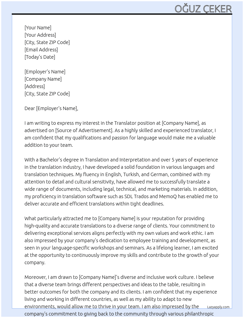 Translator At To you  Cover Letter