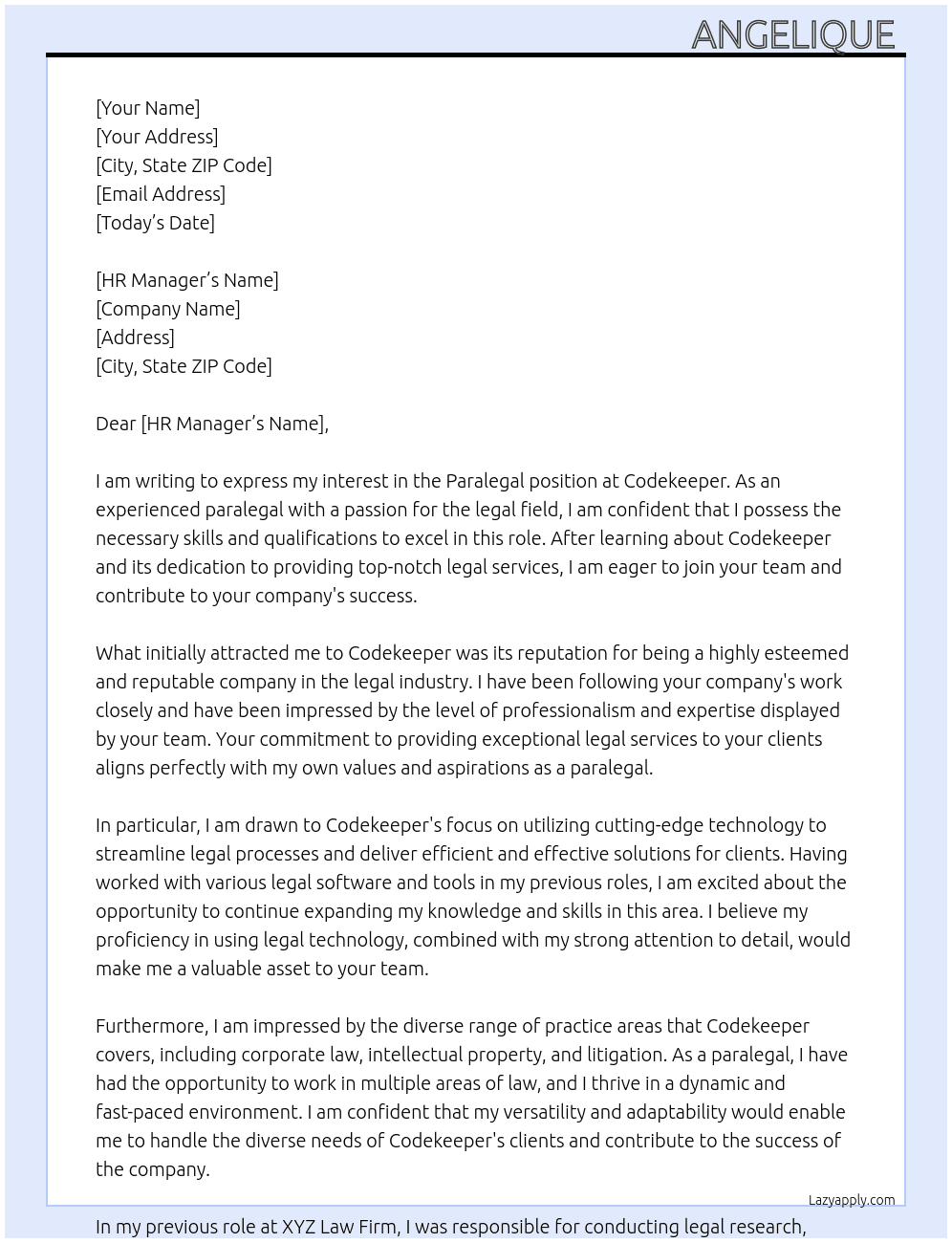 Paralegal  At Codekeeper  Cover Letter