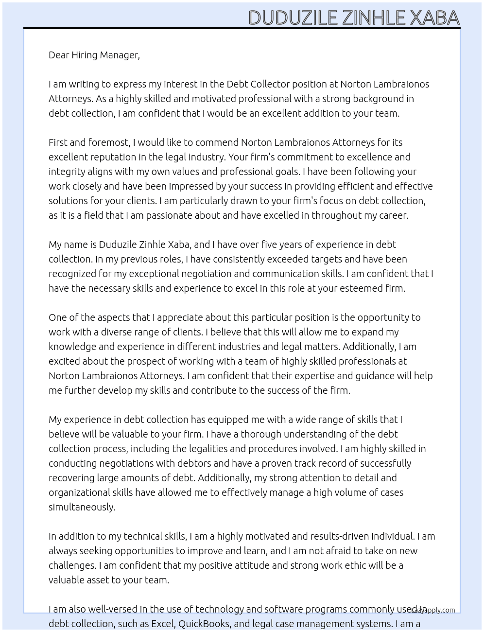 Debt Collector At Norton Lambraionos Attorneys Cover Letter