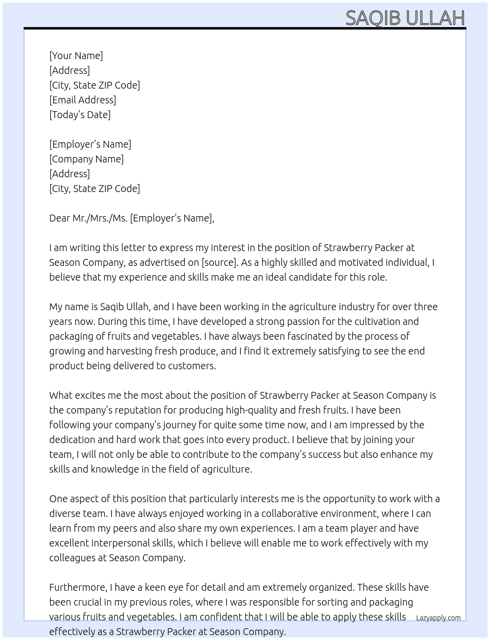 strawberry packer  At season company Cover Letter