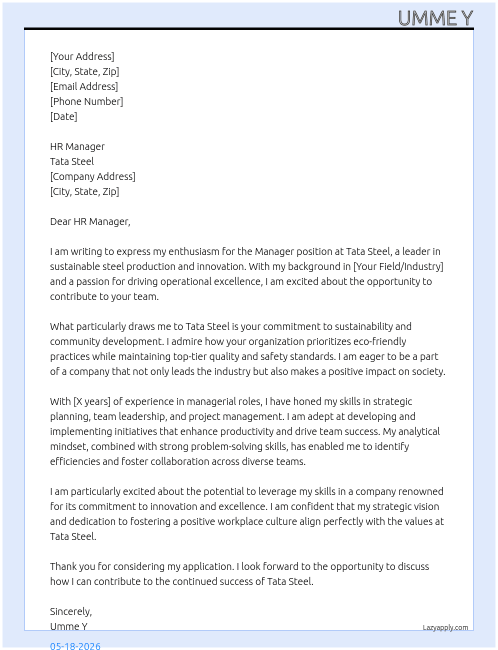 Manager At Tata Steel Cover Letter