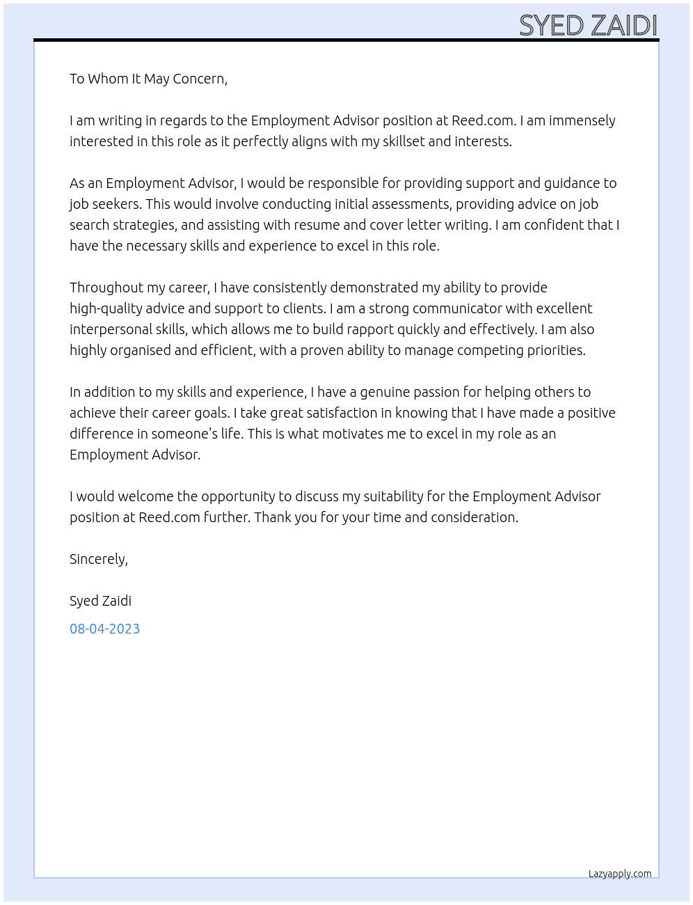 Employment Advisor At Reed.com Cover Letter