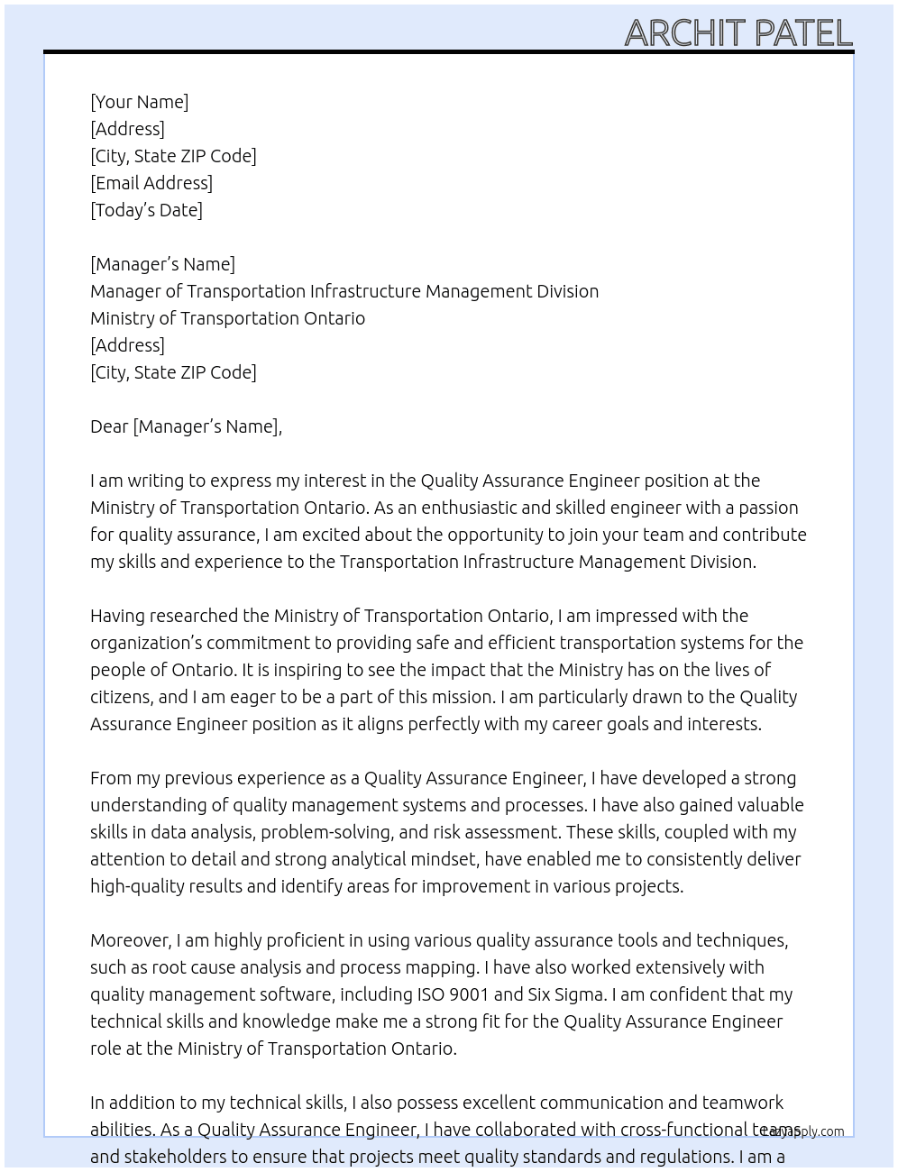 Quality Assurance Engineer At Ministry of Transportation Ontario Cover Letter