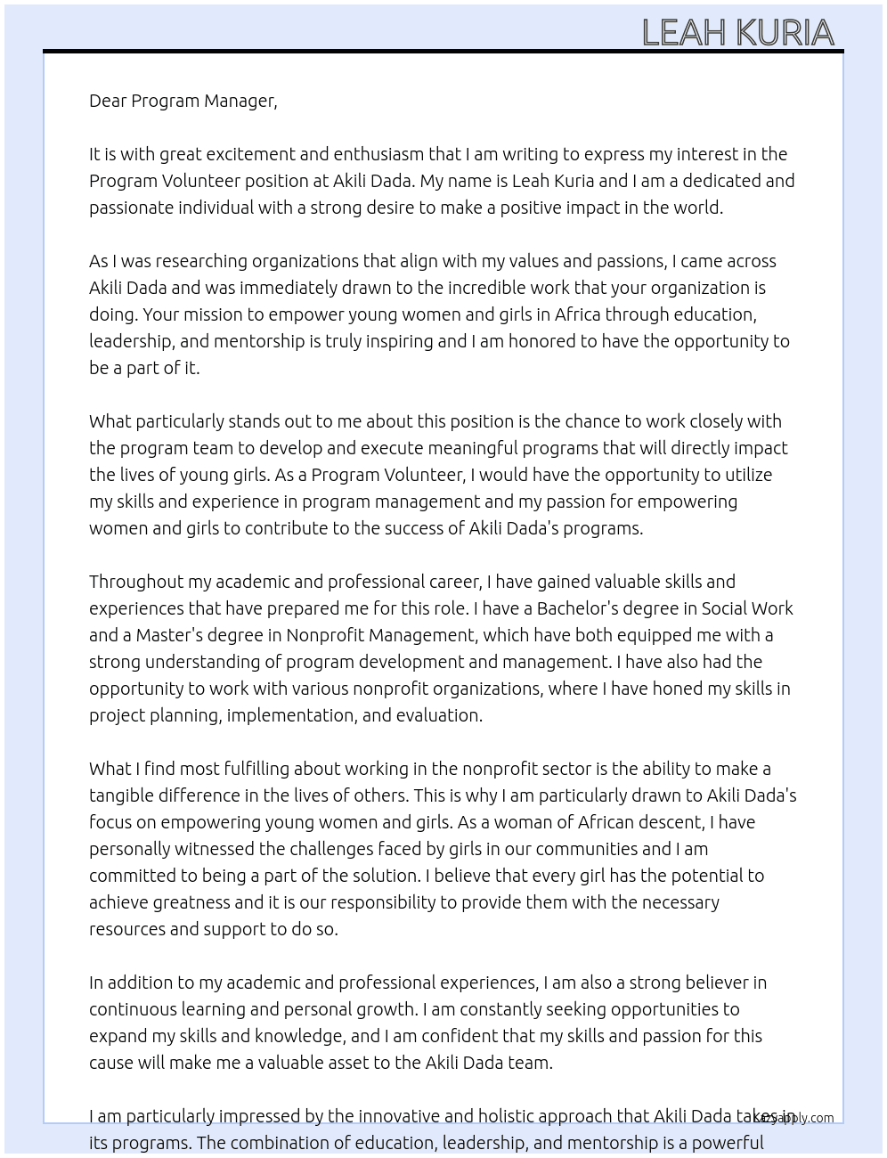Program Volunteer  At Akili Dada  Cover Letter