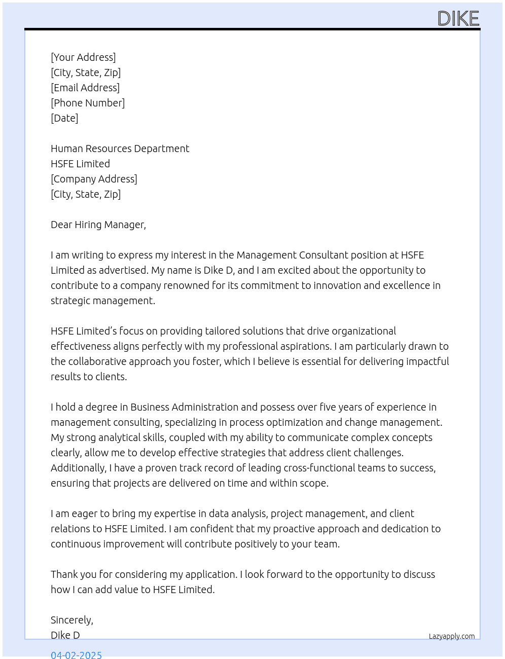 Management Consultant At HSFE Limited Cover Letter