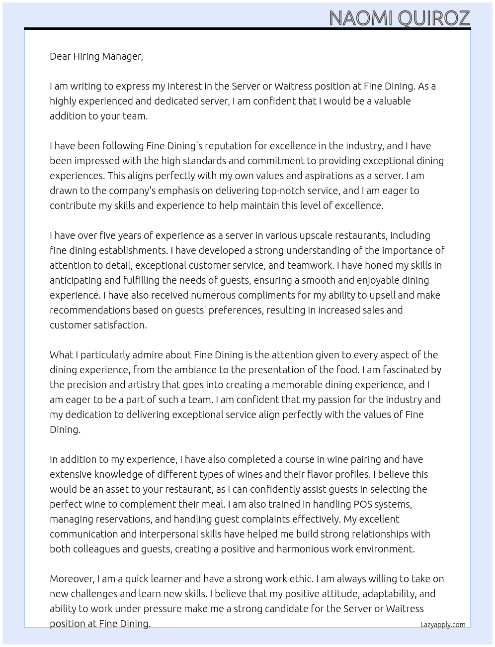 Server or Waitress At Fine Dining Cover Letter