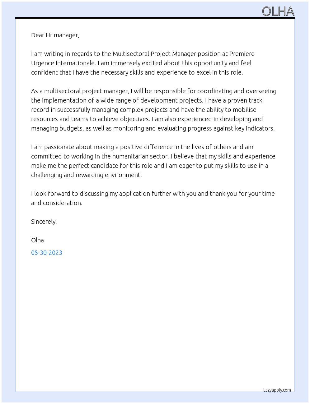 Multisectoral Project Manager At Premiere Urgence Internationale Cover Letter