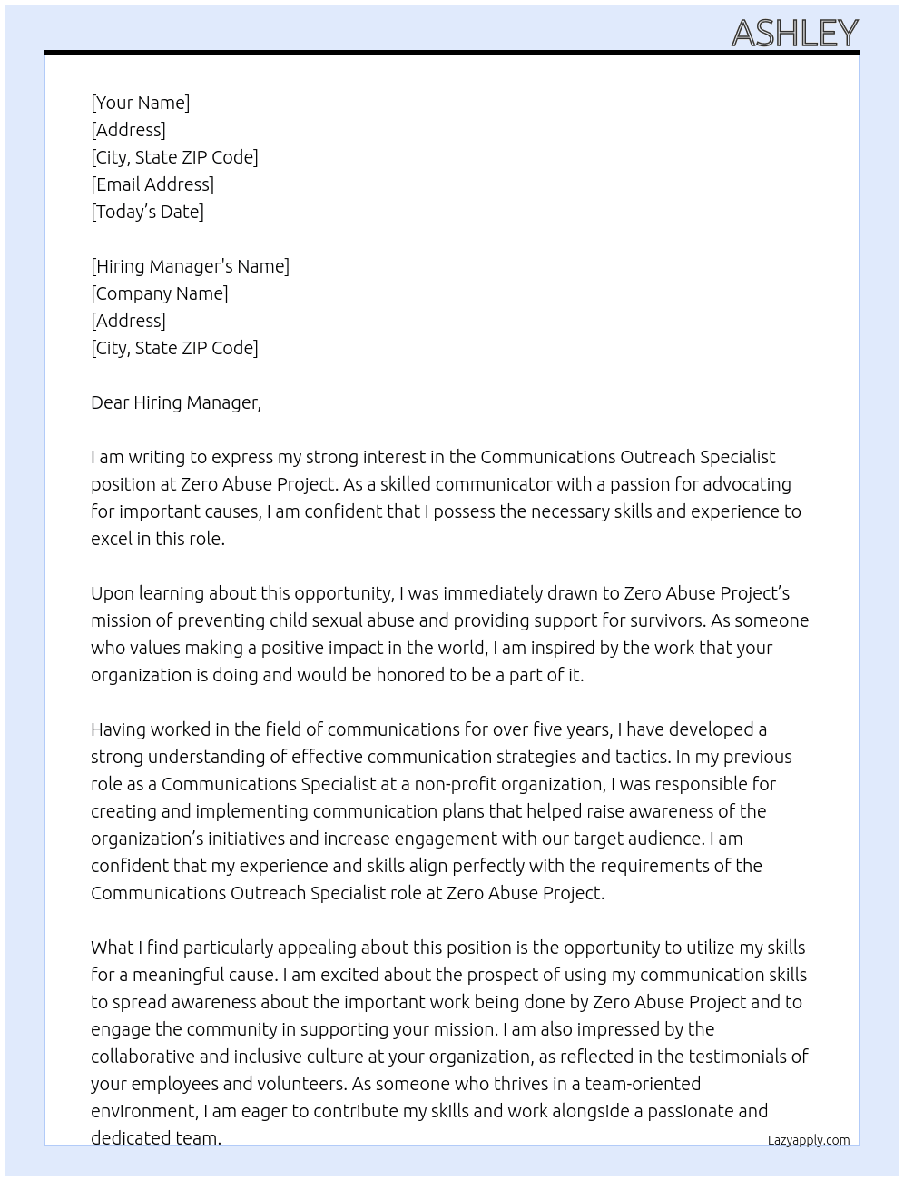 Communications Outreach Specialist At Zero Abuse Project Cover Letter