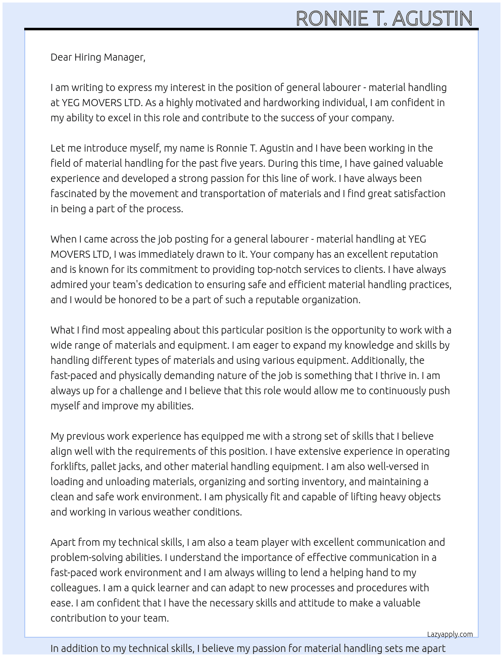 general labourer - material handling At YEG MOVERS LTD. Cover Letter