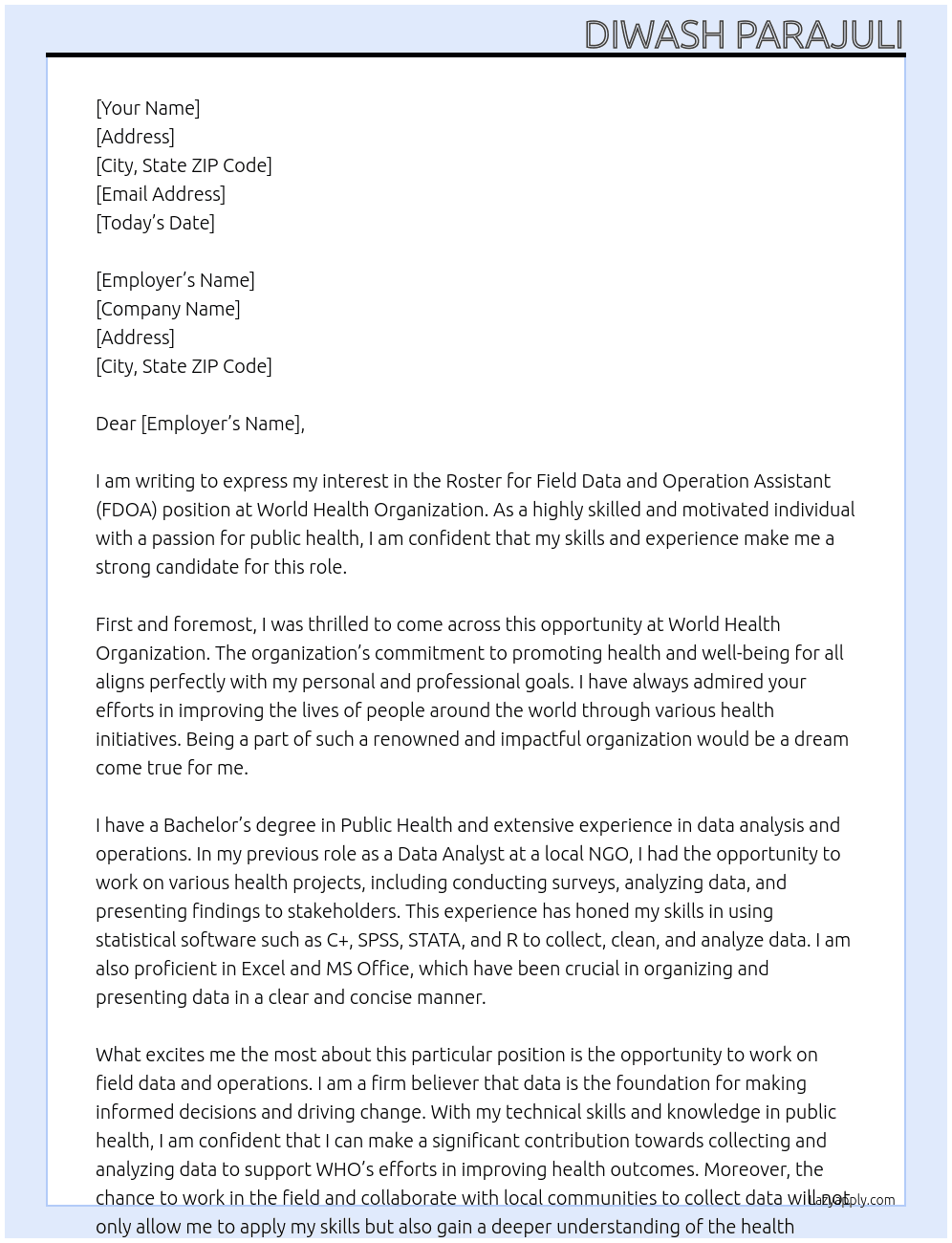 Roster for Field Data and Operation Assistant (FDOA) At World Health Orgination Cover Letter
