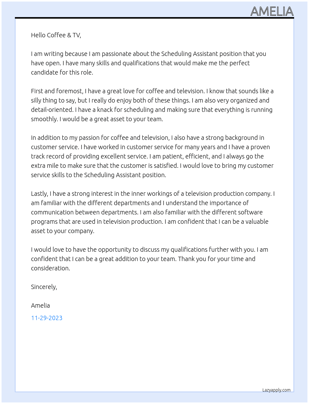 Scheduling Assistant At Coffee & TV Cover Letter