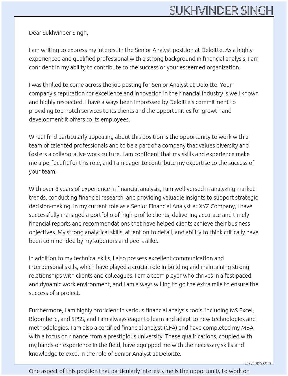 Senior Analyst At Deloitte ·  Cover Letter