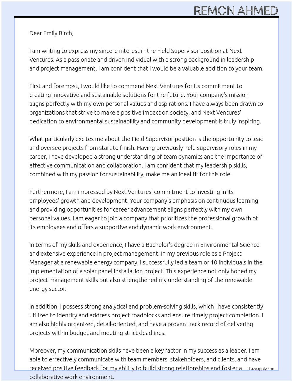 Field Supervisor At Next Ventures Cover Letter
