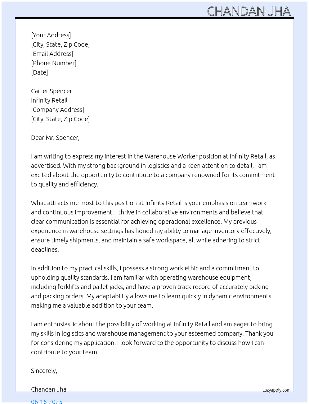 Warehouse work  At Infinity retail  Cover Letter
