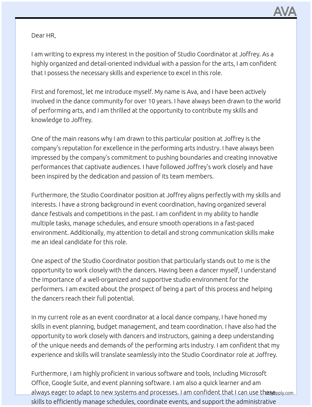 Studio Coordinator At Joffrey Cover Letter