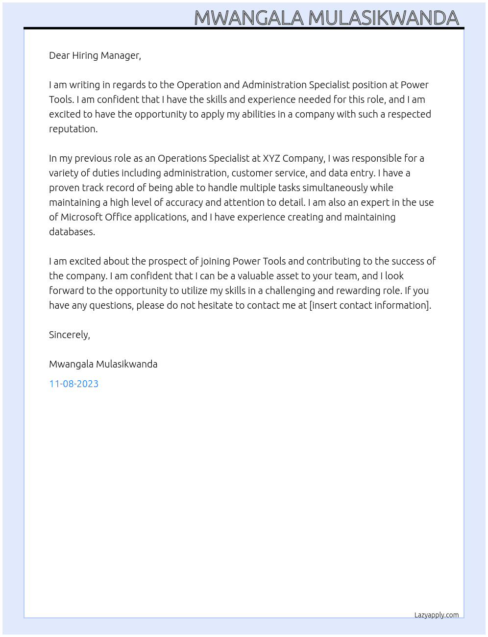 Operation and administration specialist  At Power tools Cover Letter