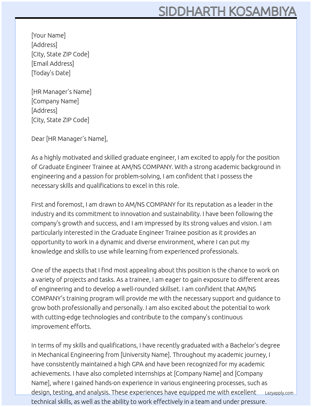 Graduate Engineer Trainee At AM/NS COMPANY Cover Letter