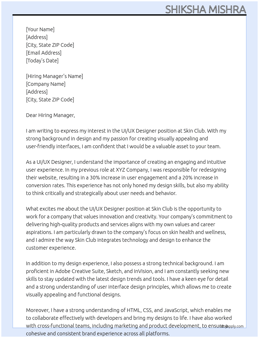 ui/ux designer At Skin Club Cover Letter