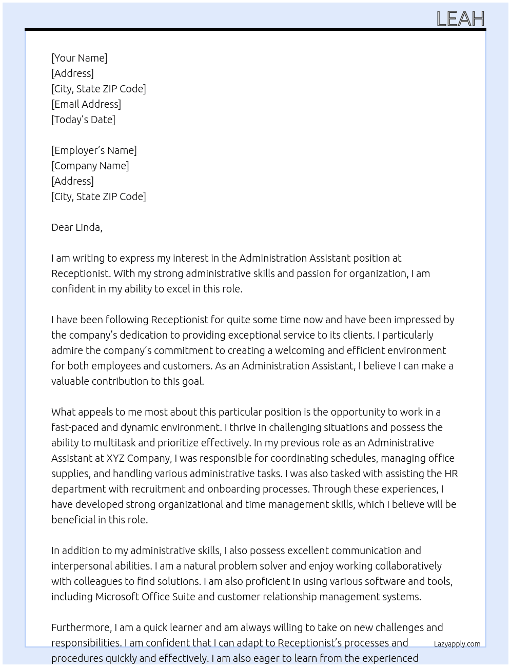Administration assistant At Receptionist  Cover Letter