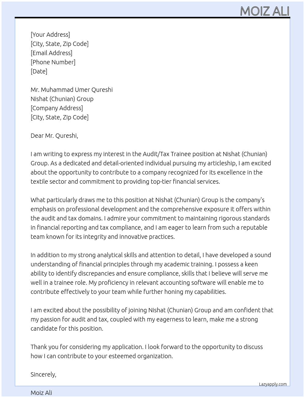 Cover letter for audit/tax trainee for articleship - LazyApply