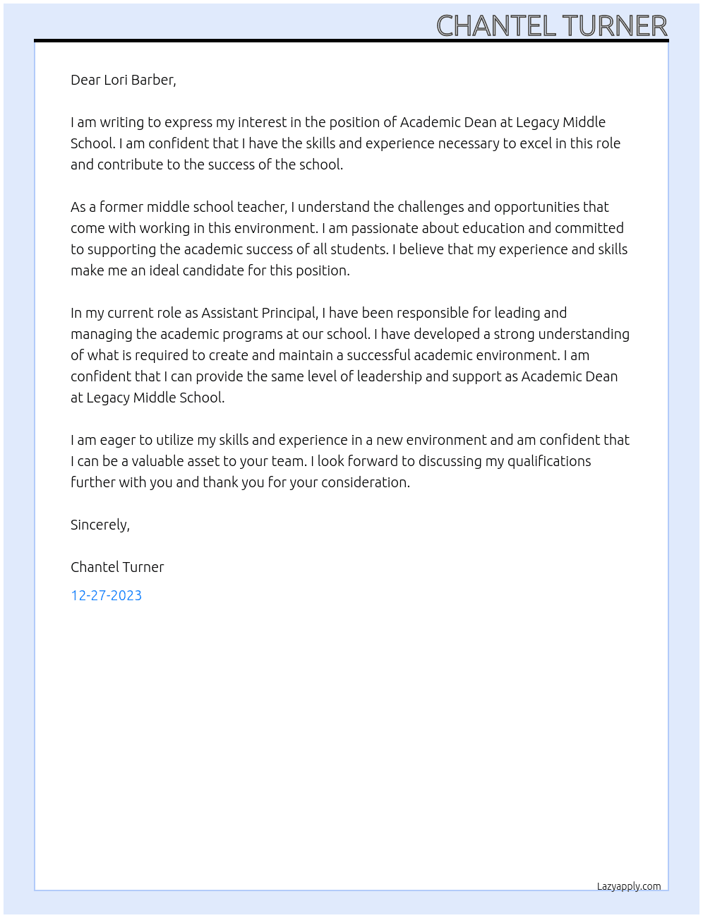 Academic Dean At Legacy Middle School Cover Letter